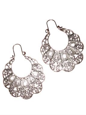 Silver Bohemian Floral Hoop Earrings Scalloped Lace Intricate Filigree Hoops